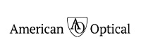 The image is a logo for American Optical, featuring the name American Optical in stylized lettering with a shield icon and an optical symbol.